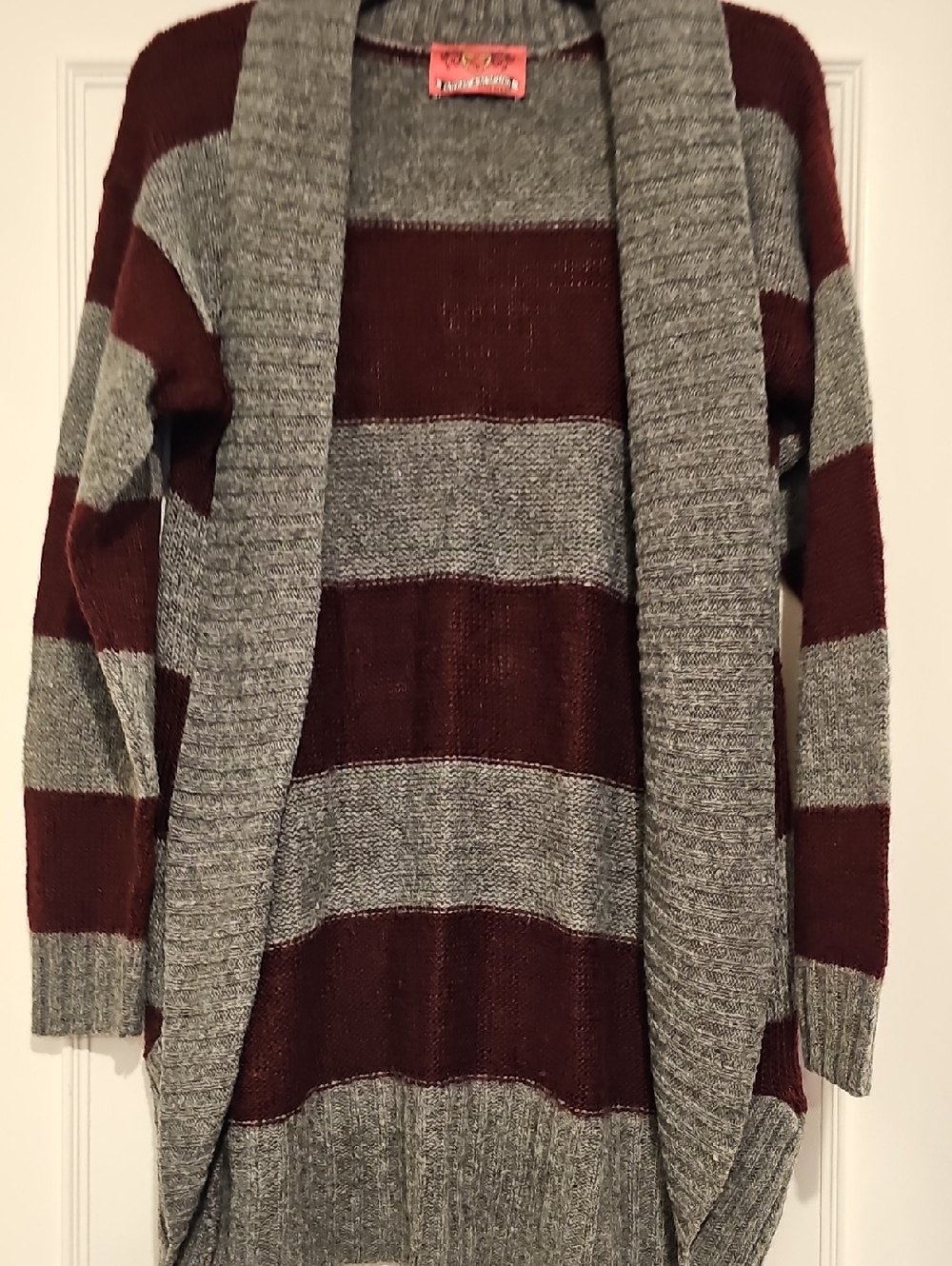 Striped Open-Front Cardigan Sweater - Gray & Burgundy